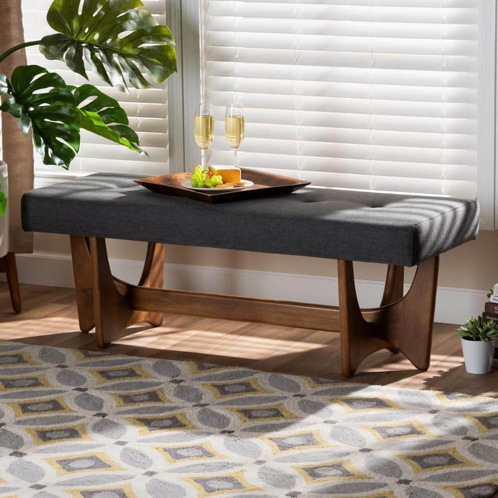 Theo Dark Grey Upholstered Walnut Mid-Century Modern Bench