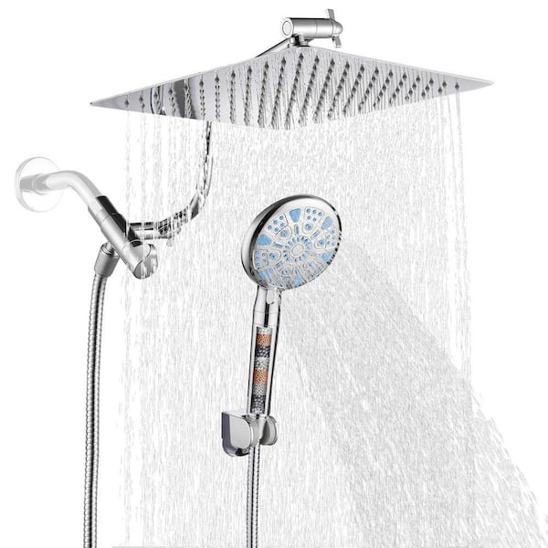 Rainfull 2-in-1 9-Spray Patterns Adjustable Fixed Dual Shower Head with Filter 1.8GPM and Handheld Shower Head in Chrome