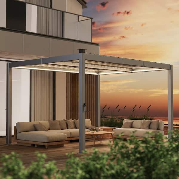 Sonkuki 10 ft. x 13 ft. All-Aluminum Louvered Pergola with Adjustable Roof, Detachable LED Control Panel, Gray