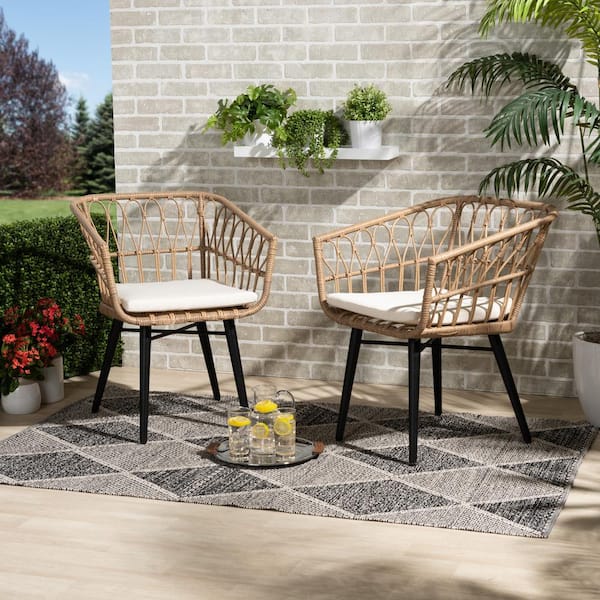 Baxton Studio Aimon Wicker Outdoor Lounge Chair with White Cushions (Set of 2)