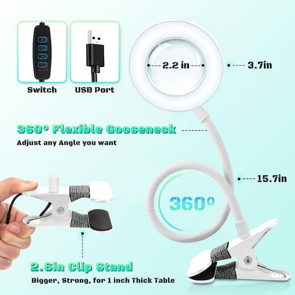 15.7 in. White LED Desk Lamp with 10X Magnifying Glass, Dimmable Clip-On Magnifier Light for Crafts Repair Reading