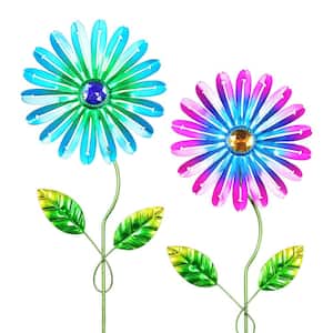 Zinnia Flower with Jewel Center 1.31 ft. Multi-Color Metal Plant Stakes (2-Pack)