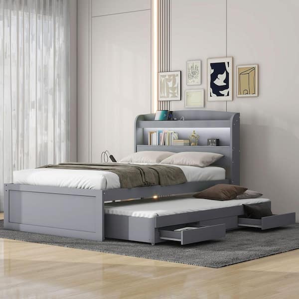 Gray Wood Frame Twin Size Platform Bed with Storage LED Headboard, Charging Station, Twin Size Trundle and 2-Drawers