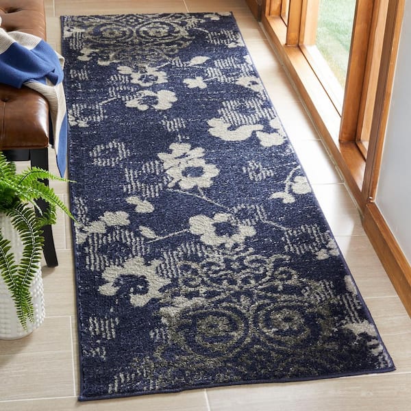 Adirondack Navy/Silver 3 ft. x 6 ft. Floral Runner Rug