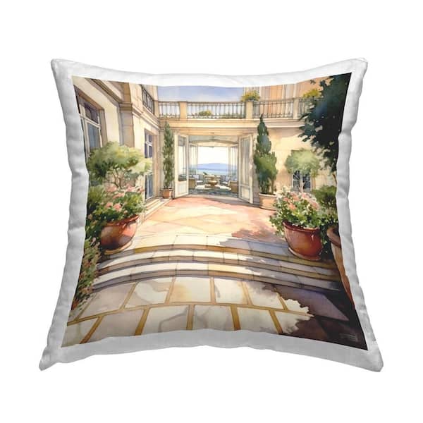 European Terrace Architecture Off-White Print Polyester 18 in. x 18 in. Throw Pillow