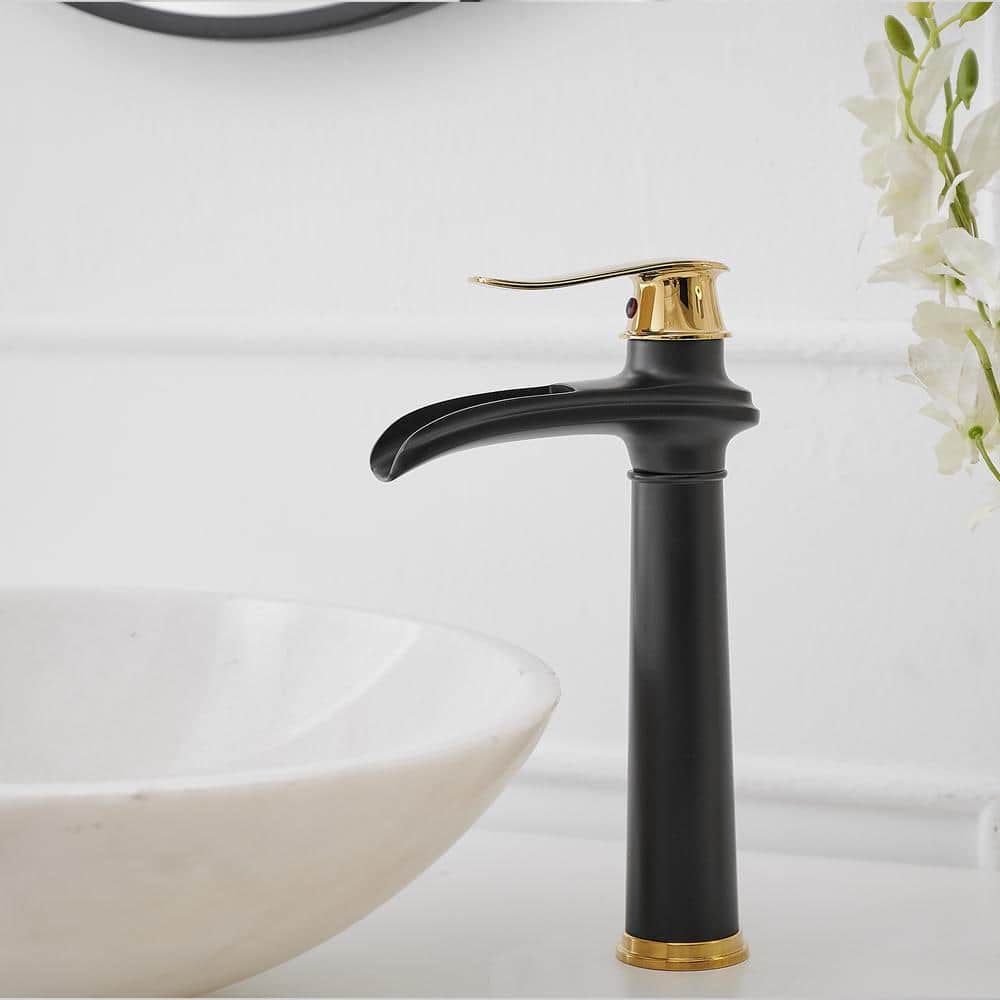 Gold and Black Waterfall Single Handle Bathroom Vessel Faucet