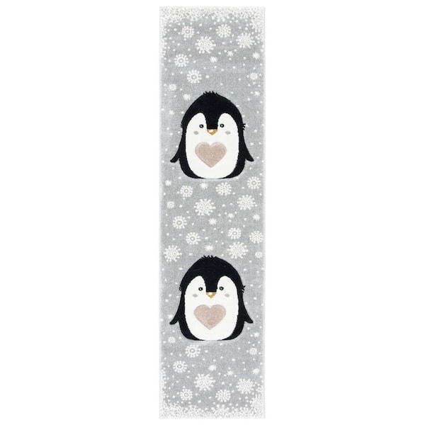 Carousel Kids 2 ft. x 6 ft. Light Gray/Black Snowflake Penguin Runner Rug