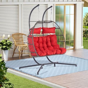 Patio 60.1 in. W 2-Person Wicker Patio Swing Hanging Chair Egg Chair with Red Cushions