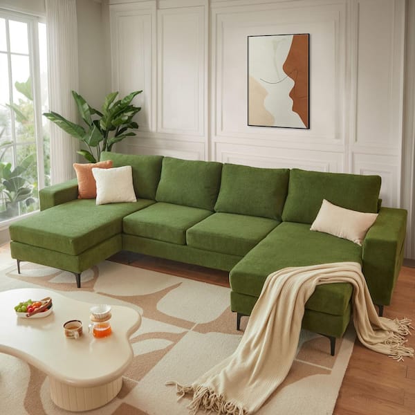 Allwex KIKI 126 in. Square Arm Modern 4-Seat Cloud Velvet U-Shape Modular Sectional Sofa in Green with Chaise