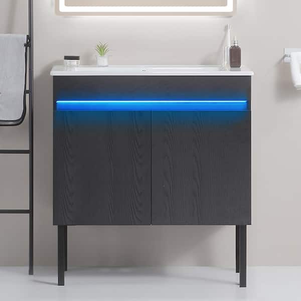 Unbranded 30 in. W x 18 in. D x 32 in. H Freestanding Bathroom Vanity in Black and with White ceramic Top