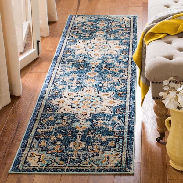 Madison Blue/Light Blue 2 ft. x 18 ft. Border Geometric Floral Medallion Runner Rug