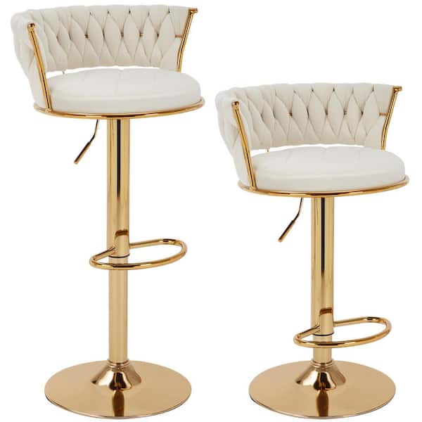 Adjustable Barstools Set, Counter Height Stools with Back and Arm, Velvet Woven Kitchen Island Stools, White Set of 2