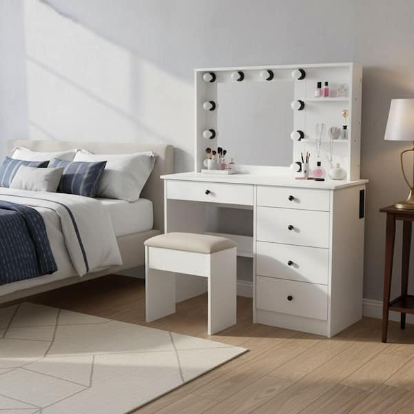 Homy Casa TBLOI 5-Drawers Pearl White Makeup Vanity Set with Stool, LED Mirror, Charging Station and 3-Tier Shelves