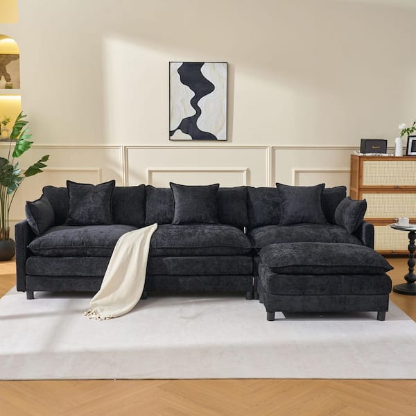 Celvix Modern 107.5 in. Pillow Top Arms Chenille Upholstered L-Shaped Modular Sectional Sofa Couch in Gray with Ottoman