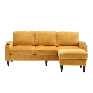 77 in. 4-piece L Shaped Chenille Modern Sectional Sofa in. Yellow with Removable Storage Ottoman and Cup Holder