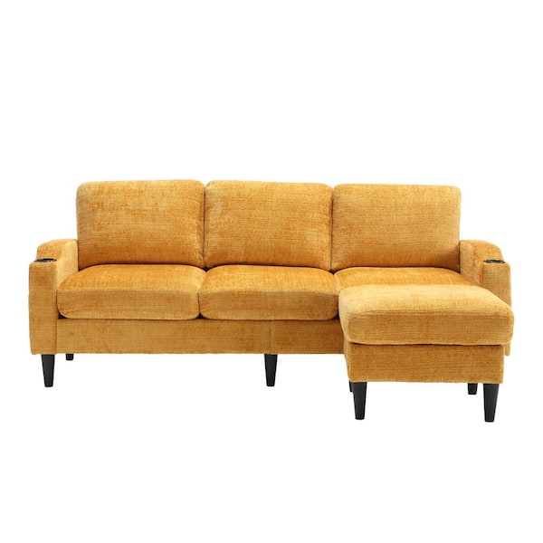 HOMEFUN 77 in. 4-piece L Shaped Chenille Modern Sectional Sofa in. Yellow with Removable Storage Ottoman and Cup Holder