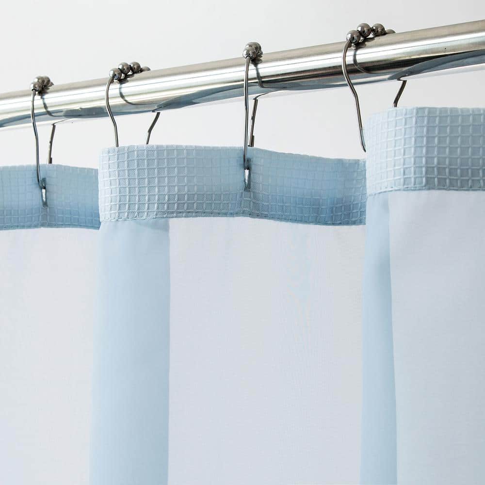 Sky Blue Waffle Weave Fabric Shower Curtain with Detachable Liner