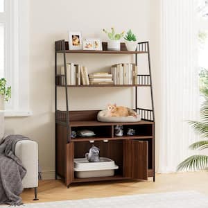 35 in. Width, Walnut 5- Shelf Multi-function Bookcase with Side Scratch, 2 Doors & 1 Cat Litter Collected Drawer