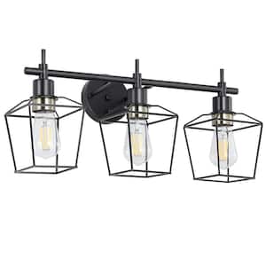 23.22 in. 3-Lights Black Vanity Light with Cage Shade