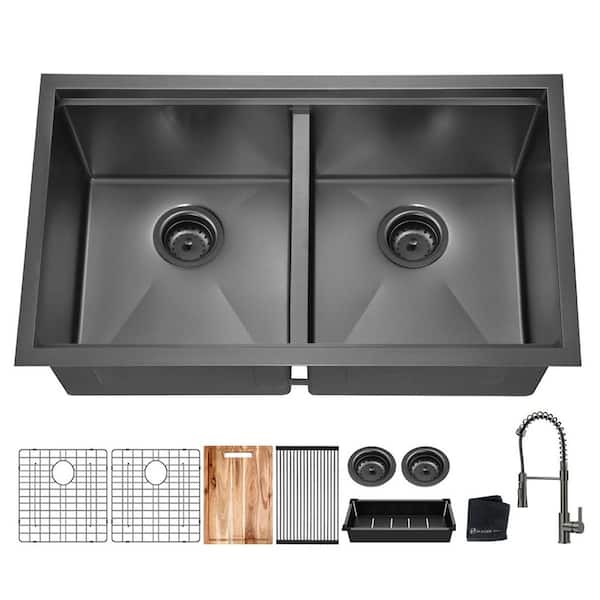 33 in. Undermount Double Bowl 18 Gauge Gunmetal Black Stainless Steel Workstation Kitchen Sink with Spring Neck Faucet