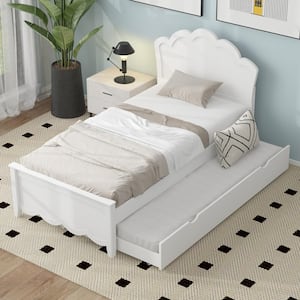 White Wood Frame Twin Size Platform Bed with Headboard and Twin-Size Trundle