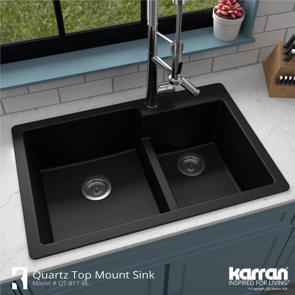 Black Quartz 33'' Double Bowl Top Mount Kitchen Sink