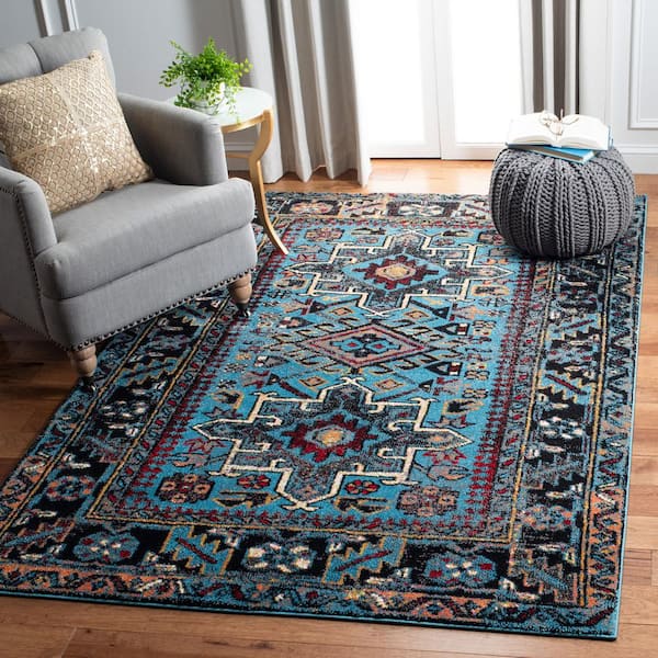 Vintage Hamadan Light Blue/Black Doormat 3 ft. x 3 ft. Floral Border Square Area Rug