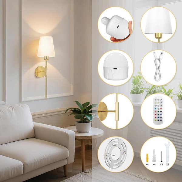 Wireless Gold Wall Sconces Set Of 2 – Battery Powered LED Lamps With Remote, Dimmable RGB & Warm Light, Linen Shades, No Wiring Needed For Bedroom Or Hallway