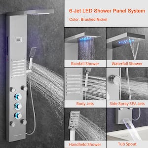 47 in. 6-Jet LED Rainfall Waterfall Shower Panel System with Adjustable Hand Body Shower and Tub Spout in Brushed Nickel
