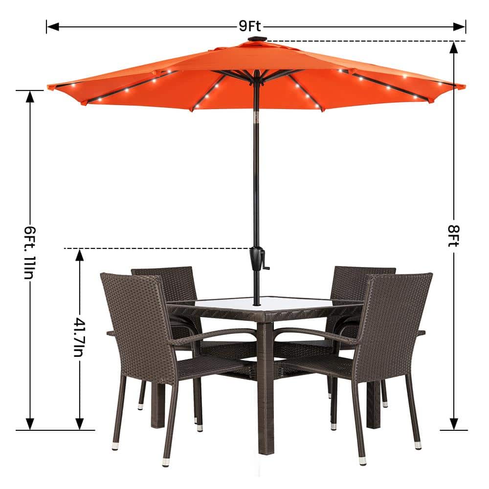 9' Orange Round Steel Patio Umbrella with Solar LED Lights