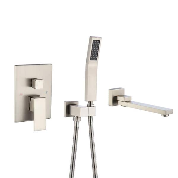 RAINLEX Square Single-Handle Wall Mount Roman Tub Faucet with Swivel Tub Spout and Rough-In Valve in Brushed Nickel