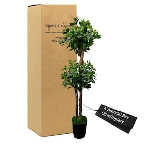 Handmade 4 ft. Artificial Bay Olive Topiary Tree in Home Basics Plastic Pot Made with Real Wood and Moss Accents