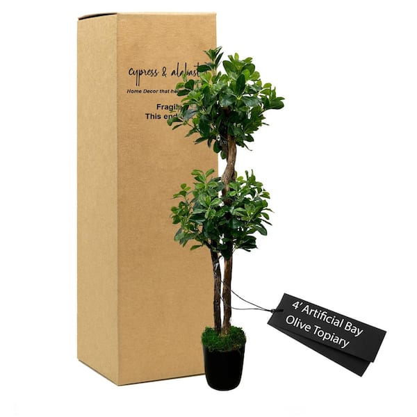CYPRESS & ALABASTER Handmade 4 ft. Artificial Bay Olive Topiary Tree in Home Basics Plastic Pot Made with Real Wood and Moss Accents