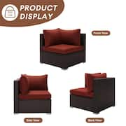 Luxury 13-Piece Patio Brown PE Wicker Patio Sofa Set with Red Cushions and 55,000 BTU Fire Pit Table