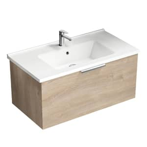 Bodrum 33.46 in. W x 17.72 in. D x 16.14 in. H Modern Bathroom Vanity in Brown Oak With White Ceramic Top