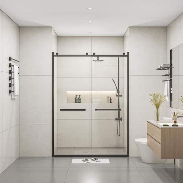 MEDUNJESS BradF 60 in. W x 76 in. H Sliding Semi-Frameless Shower Door in Matte Black with 3/8 in. (10mm) Tempered Clear Glass