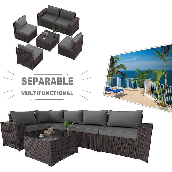 6-Piece Wicker Outdoor Sectional Set with Gray Cushion