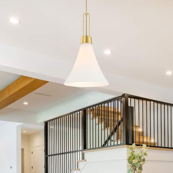 Designers Fountain Evergreen Oasis 60-Watt 1-Light Brushed Gold Down Pendant Light with Etched Opal Glass Shade