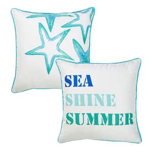 Nautical Coastal Stars and Quote Decorative (Set of 2) Throw Pillow Covers 18 in. x 18 in. Square White and Aqua Blue