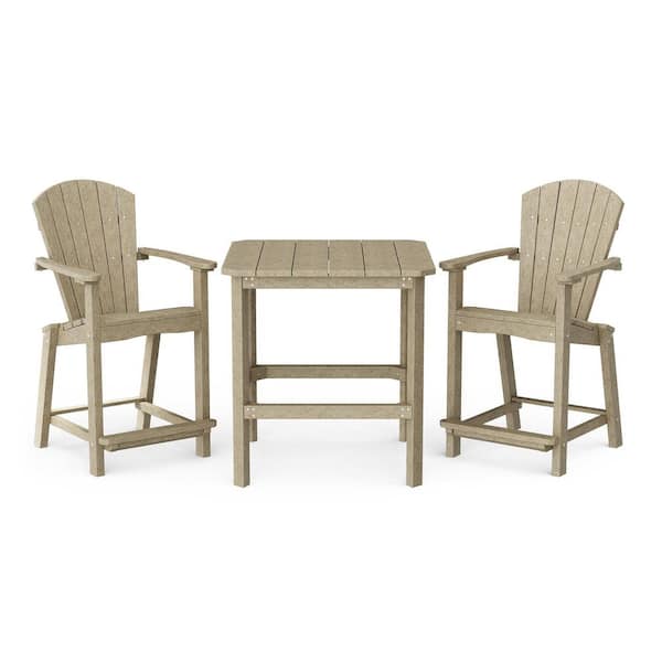 Classic 3-Piece Weathered Wood HDPE Plastic Outdoor Patio Counter Set