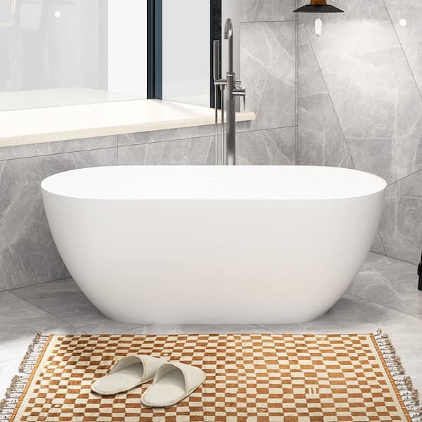 Staykiwi 59 in. x 29 in. Stone Resin Freestanding Flatbottom Soaking Bathtub with Center Drain in Matte White
