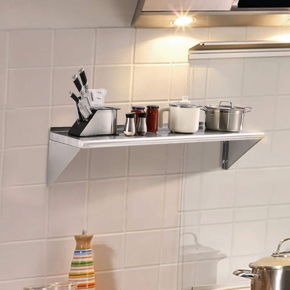 VEVOR Stainless Steel Shelf 24 in. x 8.6 in. Wall Mounted Floating Shelving with Brackets Pantry Organizers, Silver