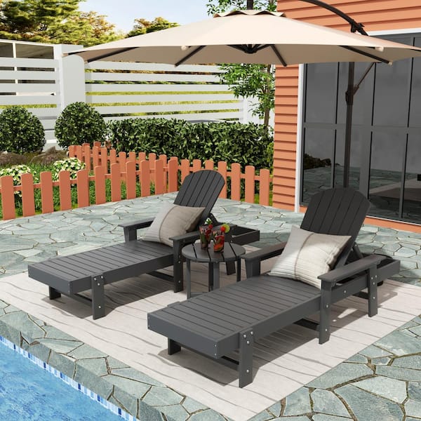 Altura 3-Piece Classic All Weather Adirondack Poly Reclining Outdoor Chaise Lounge Chair with Arms in Gray