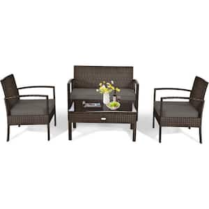 4-Piece Wicker Patio Conversation Set Rattan Furniture Set with Red Cushions and Glass Tabletop Deck