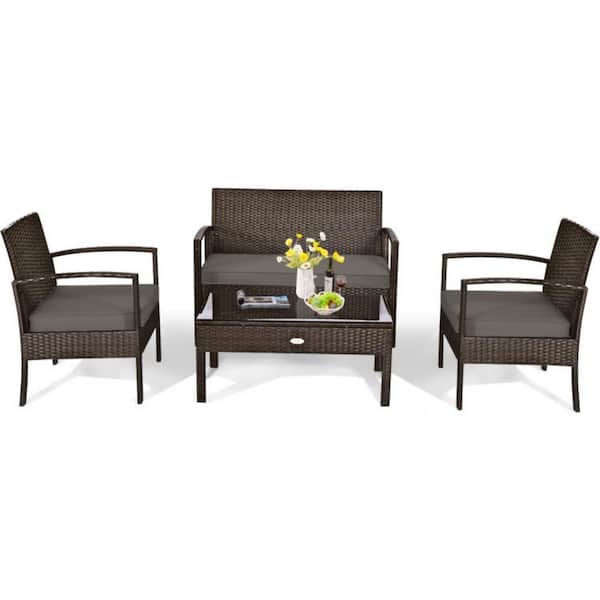 Clihome 4-Piece Wicker Patio Conversation Set Rattan Furniture Set with Red Cushions and Glass Tabletop Deck