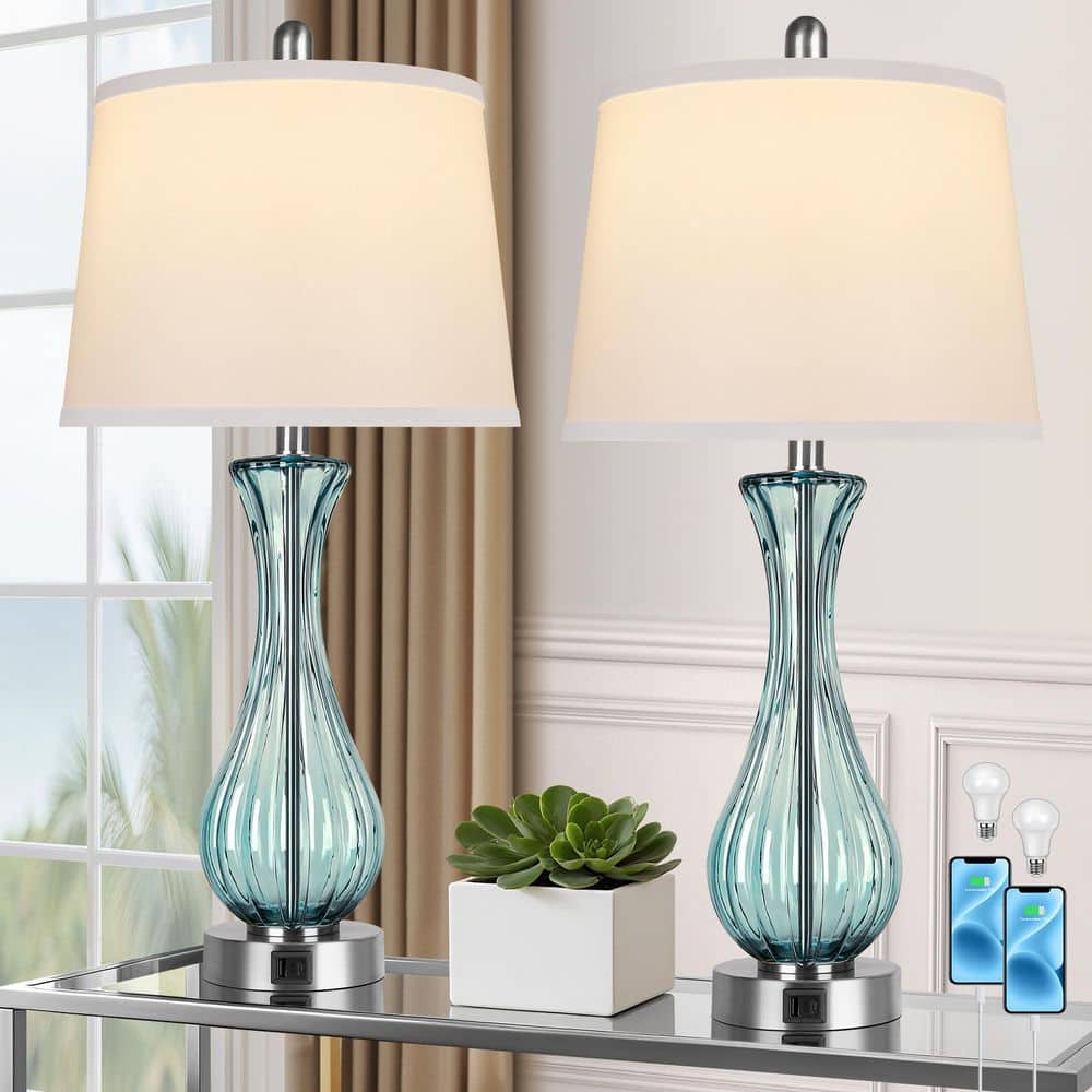 27.5 in. Teal Striped Glass Table Lamps Set of 2, Touch Control 3-Way Dimmable Bedside Lamps with USB A+C Charging Ports price history on PriceWatchPro