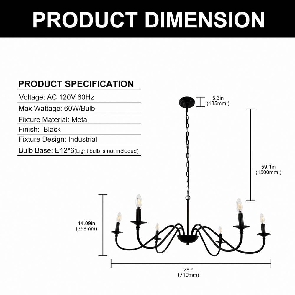 Black Metal 6-Light Candle Style Chandelier
