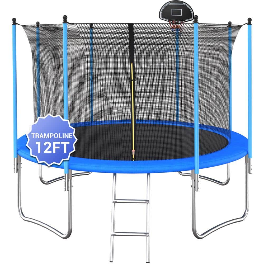 SUNRINX 12 ft. Blue Round Outdoor Trampoline with Safety Enclosure and Basketball Hoop