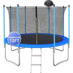 12 ft. Blue Round Outdoor Trampoline with Safety Enclosure and Basketball Hoop