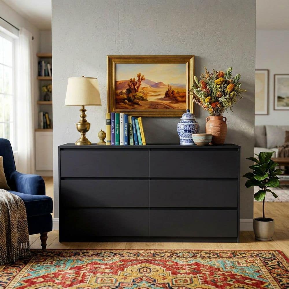 FUFU&GAGA Black 6-Drawers 59 in. W Wooden Chest of Drawers